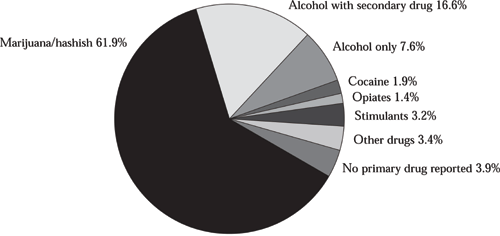 Figure 8:Treatment Admissions by Primary Substance of Abuse (Ages 12�17) 
Pie chart with 8 items. 
Item 1, Marijuana/Hashish 61.9%
Item 2, Alcohol with Secondary Drug 16.6%.
Item 3, Alcohol Only 7.6%.
Item 4, Cocaine 1.9%.
Item 5, Opiates 1.4%.
Item 6, Stimulants 3.4%.
Item 7, Other Drugs %.
Item 8, No Primary Drug Reported 3.9%.